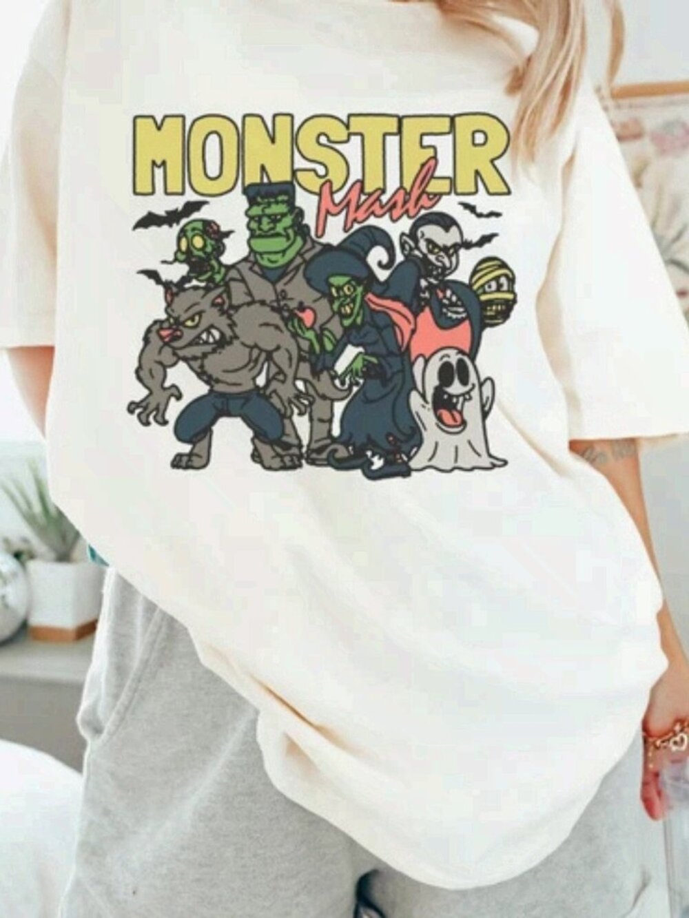 Vintage Style Monster Mash Halloween Graphic Cream T-Shirt